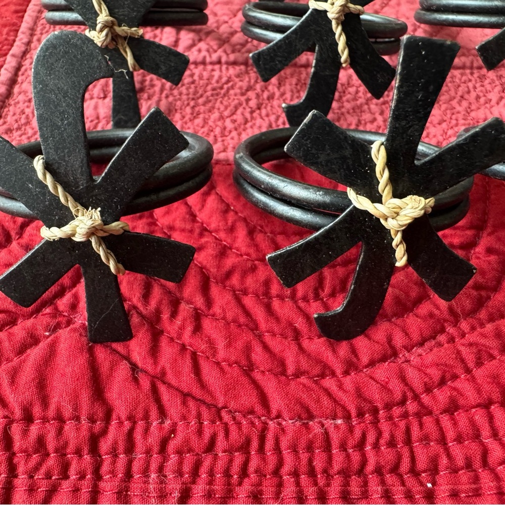 Pier 1 Black Napkin Rings with Twine Accent Asian symbol
